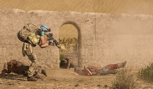 UN peacekeeper moving through a village after fictional combat