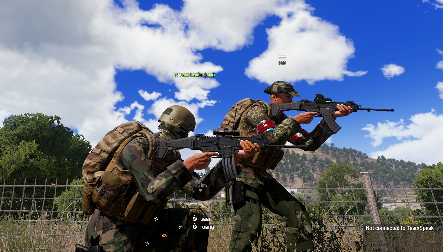Two GFLA fighters aiming rifles on Altis