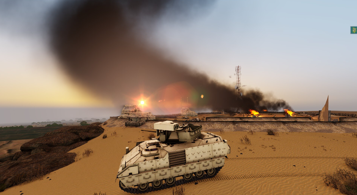 Captured American M3 Bradley overlooking a destroyed military base at sunset