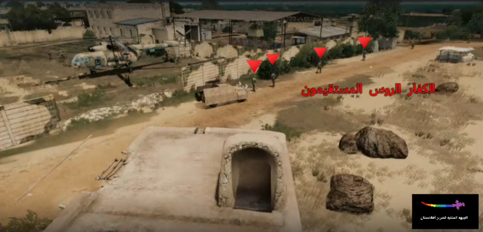 Overhead fictional Arma scene of an explosive-laden vehicle approaching a Russian patrol