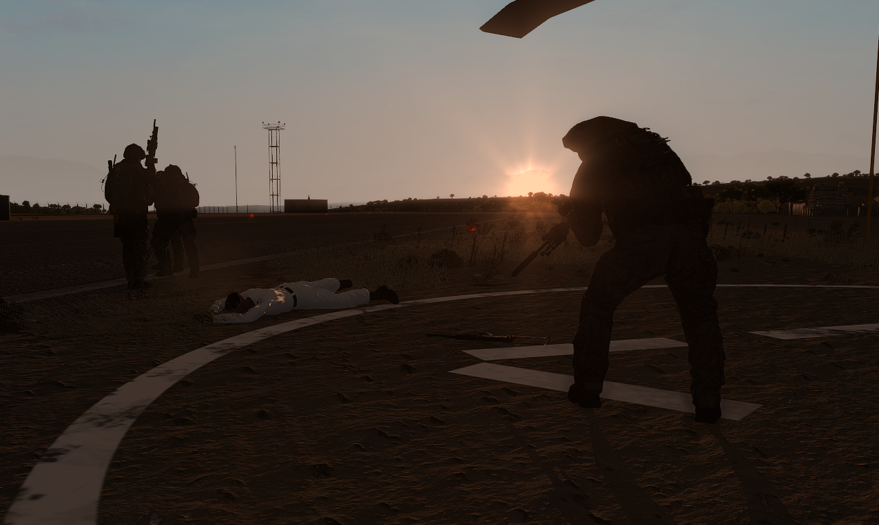 Arma soldiers securing an airfield at sunset