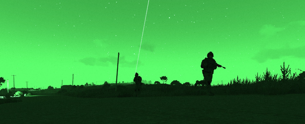 Arma soldiers moving at night beneath tracer fire