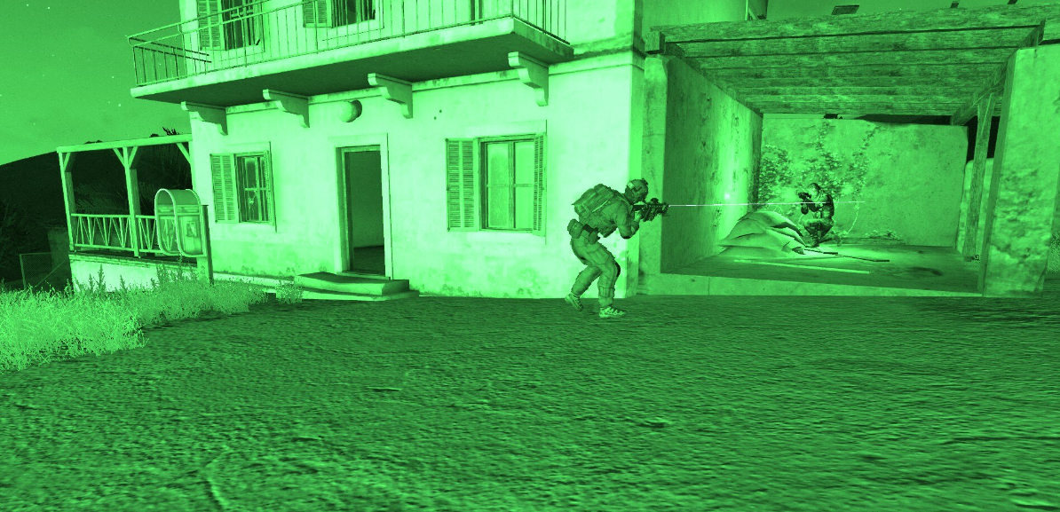 Arma soldiers fighting near a building under night vision