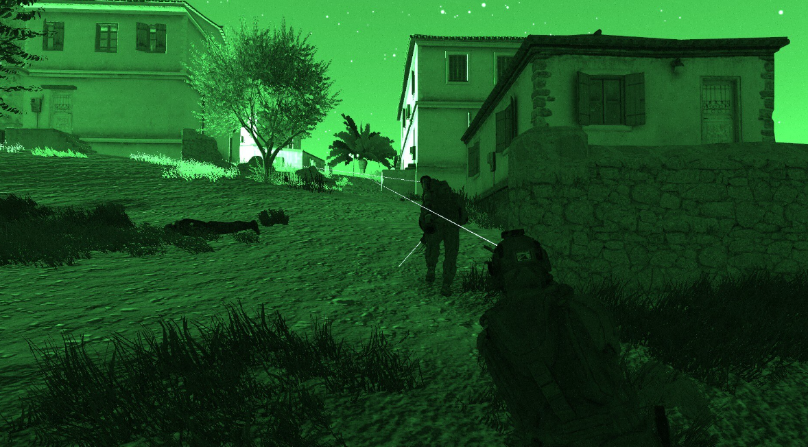 Arma squad advancing through a village under night vision