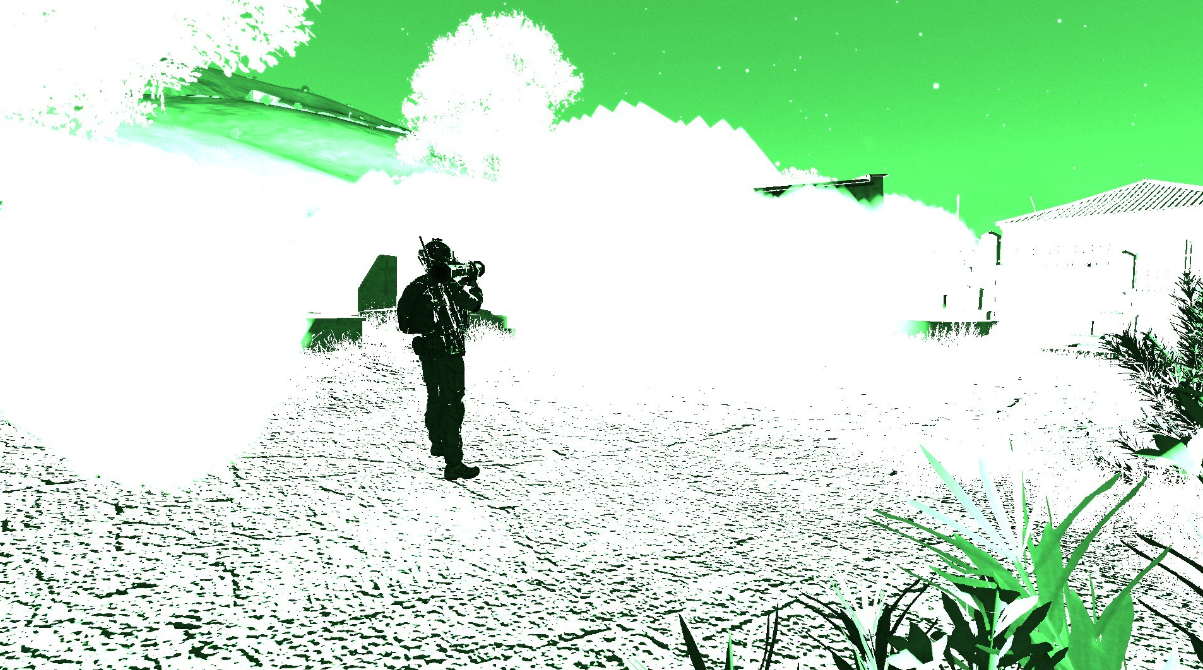 Overexposed night-vision view of an IDF soldier destroying enemy rocket launcher