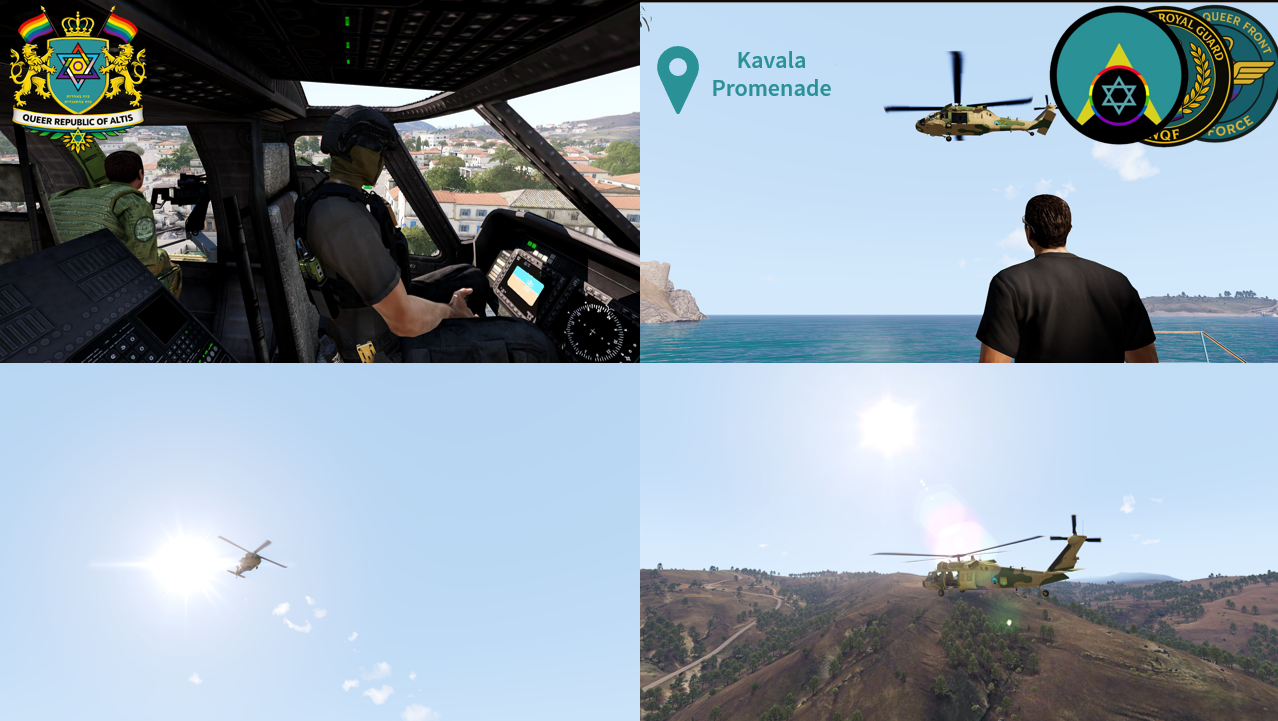 Composite image of President Petros touring Kavala by helicopter