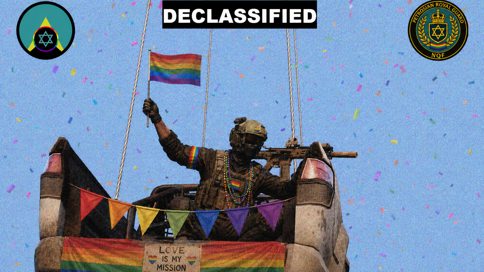 NQF victory parade image with rainbow flags and confetti