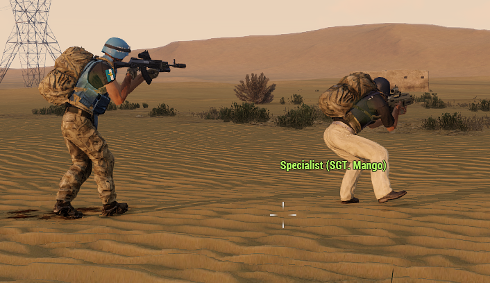 Two UN peacekeepers moving across desert terrain